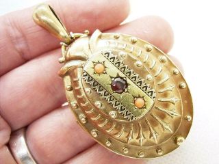 VERY LARGE ANTIQUE VICTORIAN GILT PINCHBECK LOCKET WITH NATURAL CORAL & GARNET 7