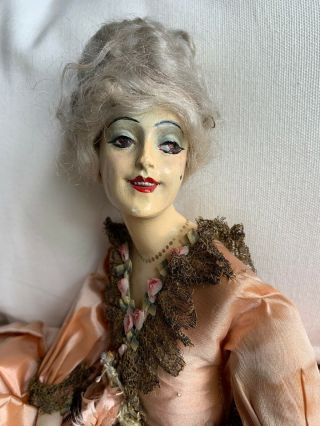 Vintage Boudoir Bed Doll Compo Head Porcelain Arms Lovely Costume Mohair Wig 24 "
