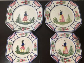 Set Of 4 Vintage Hb Quimper France Octagonal Plates Floral Breton Man And Woman