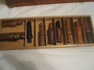 VINTAGE HAND CRAFTED WOOD BOX WITH 24 DUCK & GOOSE CALLS 6