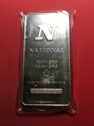 Vintage 10 Oz.  999 Solid Silver National & Refiners Bullion Bar Ingot I2