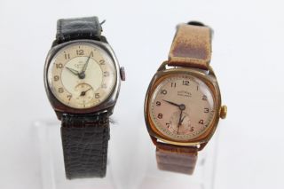2 Vintage Gents Military Style Wristwatches Hand - Wind Inc Rotary,  Smiths