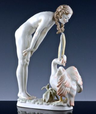 Suprb Large Vintage Hutschenreuther Germany Porcelain Nude Maiden Pelican Figure