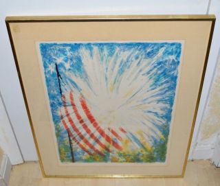 VTG Framed Artist Signed Patriotic 4th of July American Flag Watercolor Numbered 2