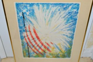 VTG Framed Artist Signed Patriotic 4th of July American Flag Watercolor Numbered 3