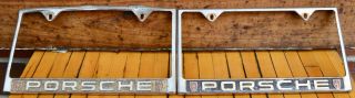 Pair Set 2 Vintage Brass Metal Dealer License Plate Frames Porsche Embossed