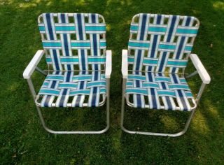 2 Vintage Aluminum Lawn Chairs Folding Blue Colors Webbed Lawn Patio Outdoor