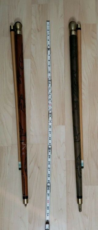 Pair Vtg Pool Cue Canes Brass Carved Wood Dragon Hidden Collapsible
