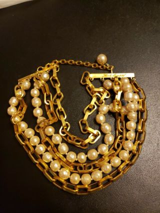 Vintage Signed Karl Lagerfeld Gold Faux Pearl Chain Necklace Statement Piece