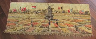 Vtg Long Wall Hanging Tapestry Decor 6 Flags Dutch Windmill Flower Garden Scene