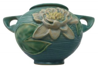 Vtg 1940s Roseville Pottery 437 - 4 Water Lily Blue Rose Bowl Vase Jardiniere Pot
