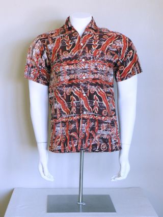 Vtg 50s Atomic Stoneage Hawaiian Rockabilly Loop Collar Made In Hawaii Shirt M