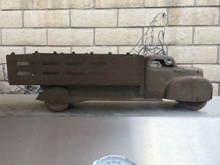 Vtg.  Lumar Marx Pressed Steel Stakebed Truck,  ‘40s Rusted.  20” Long.