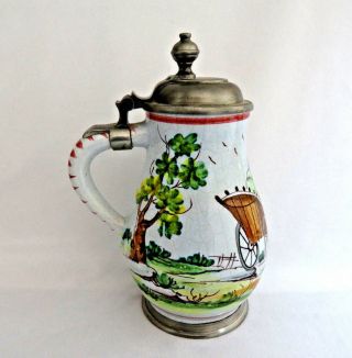 Vintage Hand Painted French Pottery Beer Stein W/ Rein Zinn Germany Pewter Lid