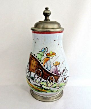 Vintage Hand Painted French Pottery Beer Stein w/ Rein Zinn Germany Pewter Lid 2