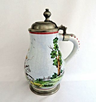 Vintage Hand Painted French Pottery Beer Stein w/ Rein Zinn Germany Pewter Lid 4