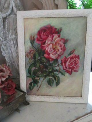 Gorgeous Old Antique Rose Oil Painting Pink Roses In White Gesso Frame