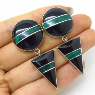 Vtg Mexico 925 Sterling Silver Black Onyx & Malachite Geometric Drop Earrings