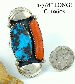 1 - 7/8 " Vintage Navajo Sterling Silver Birdseye Kingman Turquoise Coral Ring Sz 7