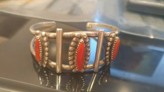 Vintage Old Native American Zuni Red Coral Petit Point Cuff Bracelet