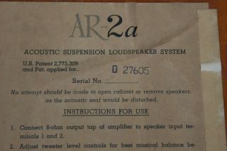Vintage Acoustic Research AR - 2A Speakers 9
