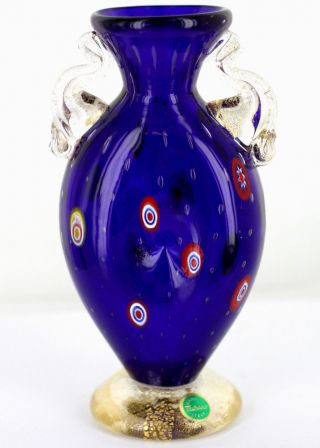 Vintage Italian Murano Milifiori Bubble Cobalt Blue Art Glass Handled Vase Hand