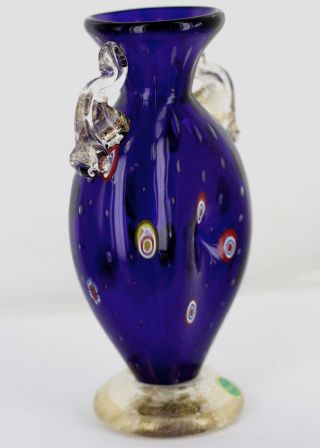 Vintage Italian Murano Milifiori Bubble Cobalt Blue Art Glass Handled Vase Hand 3