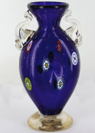 Vintage Italian Murano Milifiori Bubble Cobalt Blue Art Glass Handled Vase Hand 4