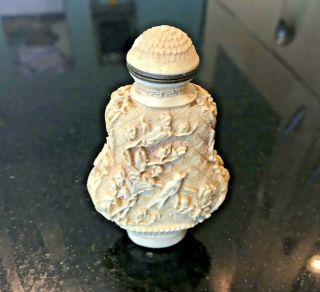 Chinese White Cinnabar Snuff Bottle Hand Carved 4 Symbol Mark To Base Vintage