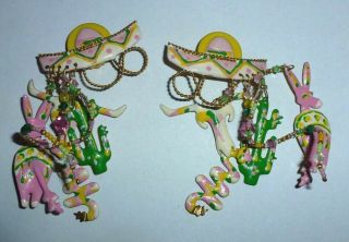 Lunch At The Ritz Vtg Clip Earrings Mexico Sombrero Burro Cactus Etc Signed1986