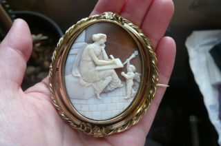 Large Victorian Woman And Cherub With Flame Shell Cameo Swival Brooch