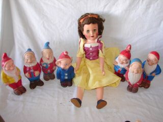 Vintage Set Disney Snow White 22” Doll & Seven Dwarfs 8  Miracle Vinyl 1950 