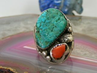 Vintage Navajo Sterling Silver Mens Turquoise Coral Nugget Ring 10.  5 Cast 31.  4g