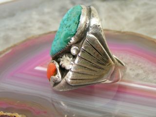 Vintage Navajo Sterling Silver Mens Turquoise Coral NUGGET RING 10.  5 Cast 31.  4g 2