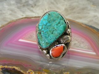 Vintage Navajo Sterling Silver Mens Turquoise Coral NUGGET RING 10.  5 Cast 31.  4g 3