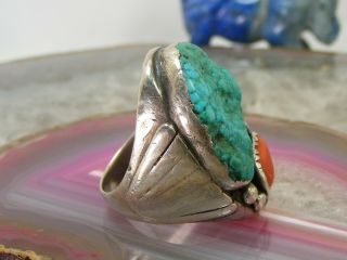 Vintage Navajo Sterling Silver Mens Turquoise Coral NUGGET RING 10.  5 Cast 31.  4g 4