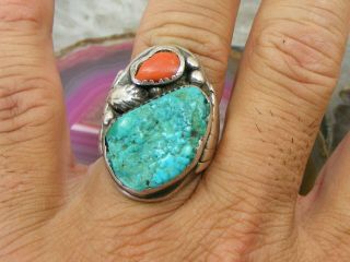 Vintage Navajo Sterling Silver Mens Turquoise Coral NUGGET RING 10.  5 Cast 31.  4g 5