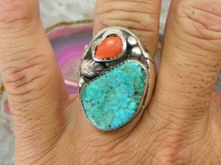 Vintage Navajo Sterling Silver Mens Turquoise Coral NUGGET RING 10.  5 Cast 31.  4g 6