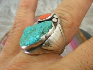 Vintage Navajo Sterling Silver Mens Turquoise Coral NUGGET RING 10.  5 Cast 31.  4g 7