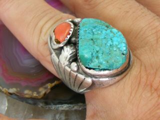 Vintage Navajo Sterling Silver Mens Turquoise Coral NUGGET RING 10.  5 Cast 31.  4g 8