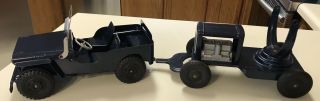 Vintage Marx Lumar Blue Willys Jeep With Searchlight Trailer,  Pressed Steel