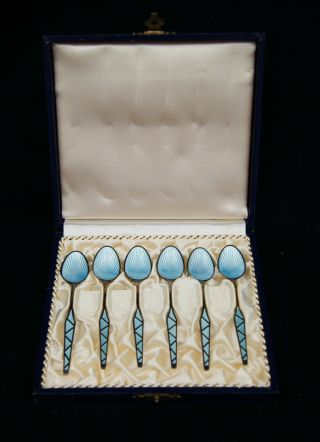 Set Of 6 Ela Denmark Demitasse Spoons Blue Seashell Enamel Sterling Danish A8903