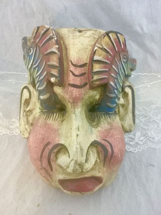 Vintage Mexican Carved Wood Carnival Dance Mask Human Head Serpent Eyes