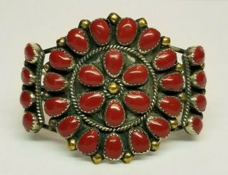 Vtg Native American Navajo Sterling Silver Gold & Red Coral Cuff Bracelet Signed