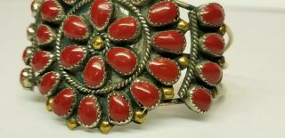 Vtg Native American Navajo Sterling Silver GOLD & Red Coral Cuff Bracelet Signed 2