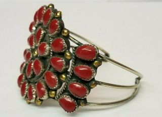 Vtg Native American Navajo Sterling Silver GOLD & Red Coral Cuff Bracelet Signed 3