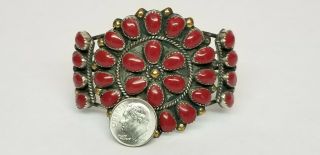 Vtg Native American Navajo Sterling Silver GOLD & Red Coral Cuff Bracelet Signed 9