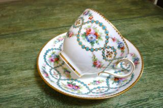 Antique 19th C Minton Cup & Saucer Jewelled Hand Painted Gilded Garlands Flowers