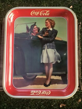 Vintage 1942 Coca Cola Tin Tray Two Girls Roadster