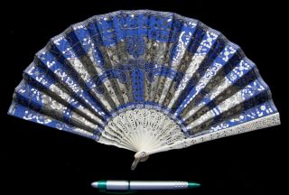 Antique Edwardian French Blue Silk Fan Eventail Abanico Ventaglio Fächer Ca 1905